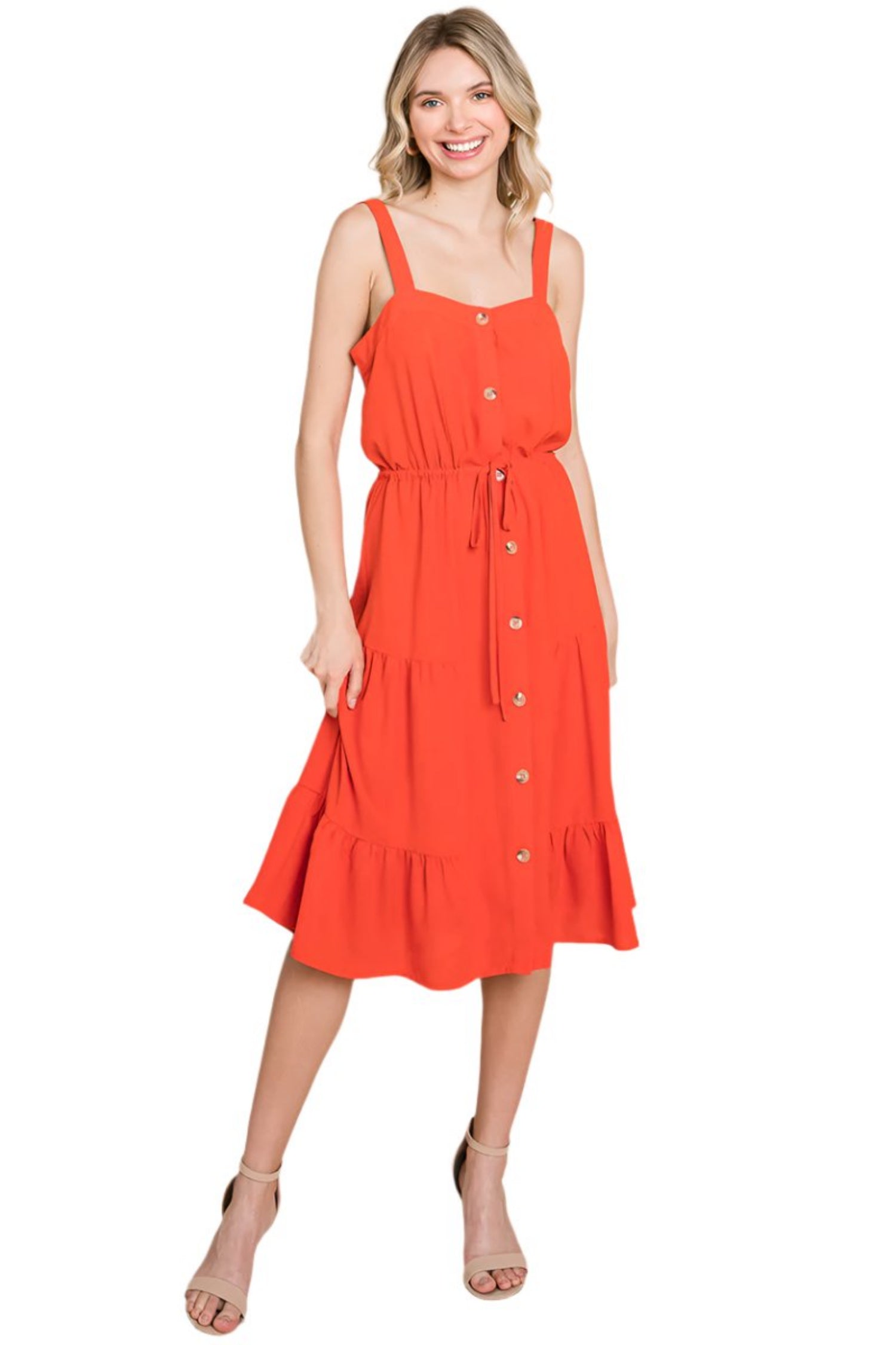 Tiered Square Neck Ruffled Button Midi Sundresses