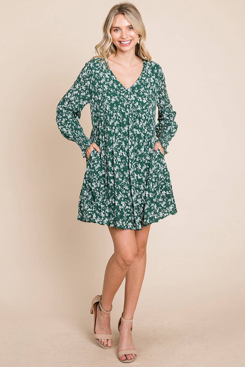 V -Neck Floral Printed Long Sleeve Pleated Dress