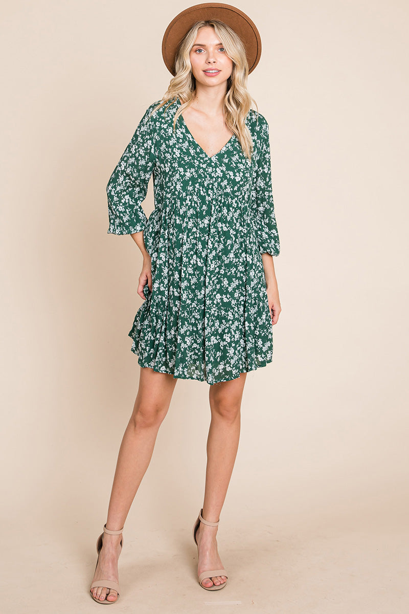 V -Neck Floral Printed Long Sleeve Pleated Dress