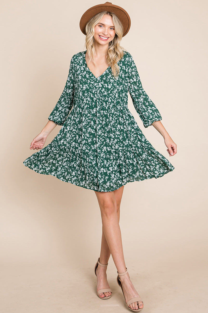 V -Neck Floral Printed Long Sleeve Pleated Dress