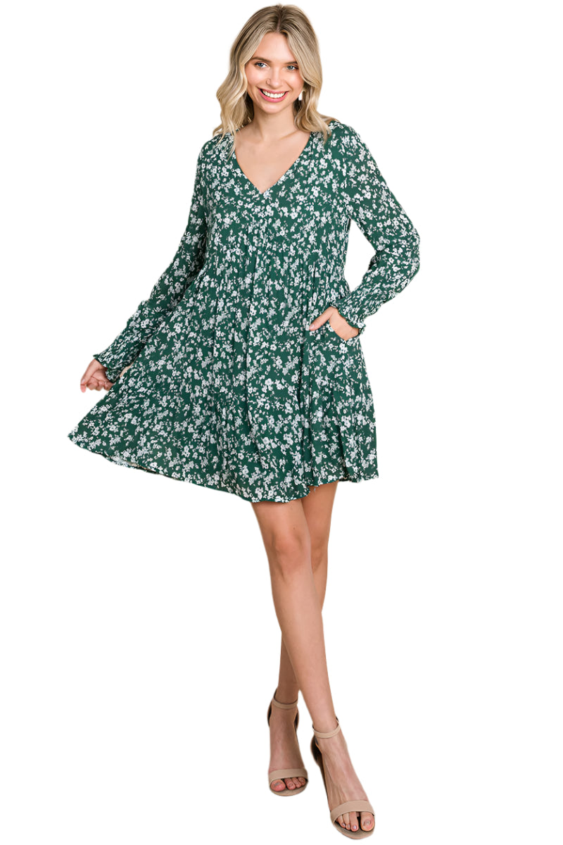V -Neck Floral Printed Long Sleeve Pleated Dress