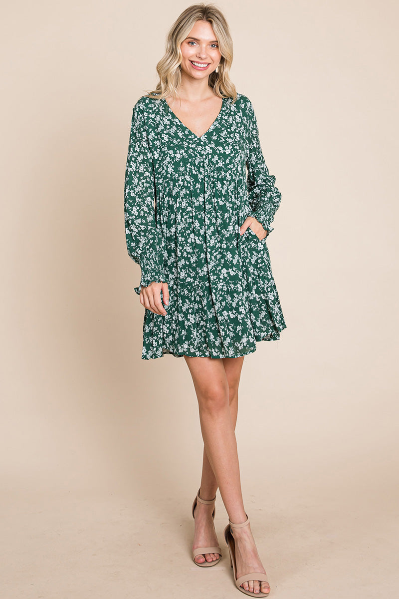 V -Neck Floral Printed Long Sleeve Pleated Dress