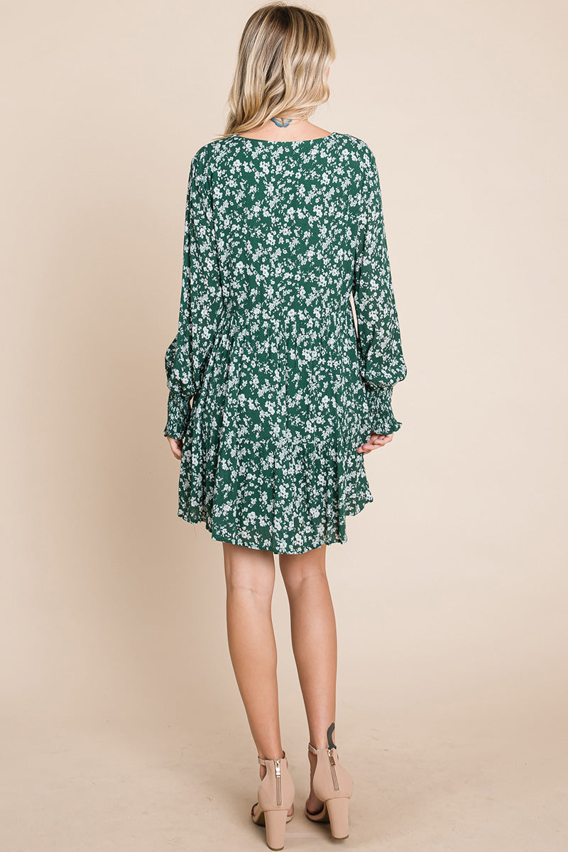 V -Neck Floral Printed Long Sleeve Pleated Dress