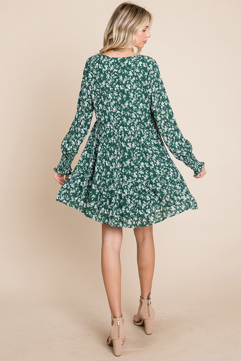 V -Neck Floral Printed Long Sleeve Pleated Dress