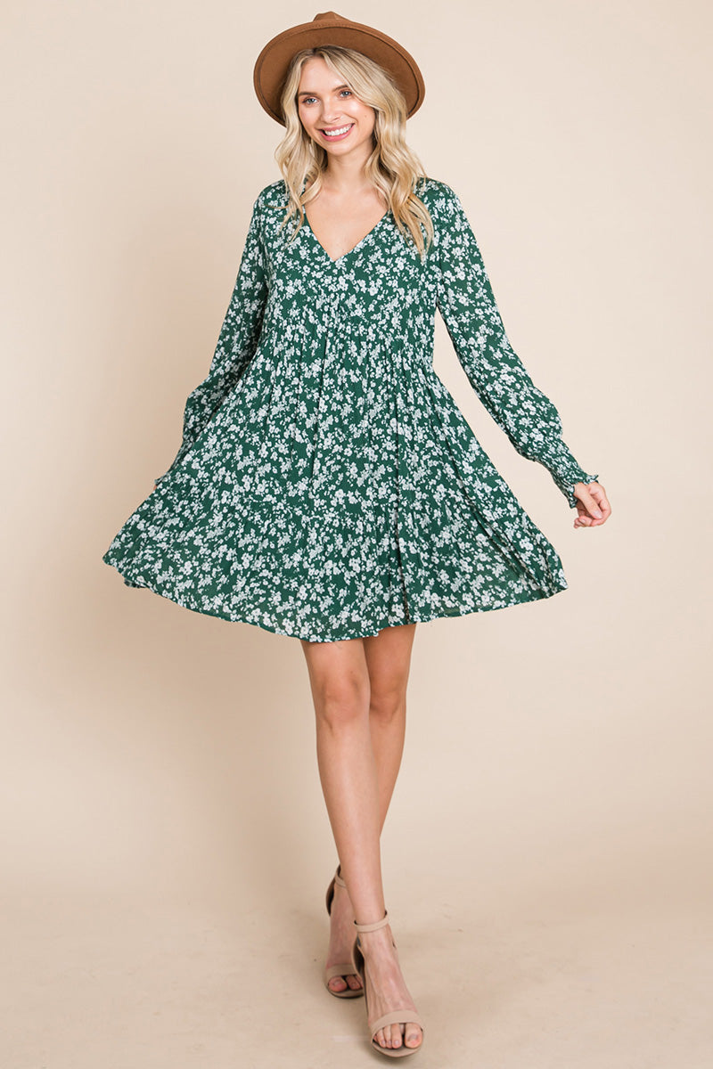 V -Neck Floral Printed Long Sleeve Pleated Dress
