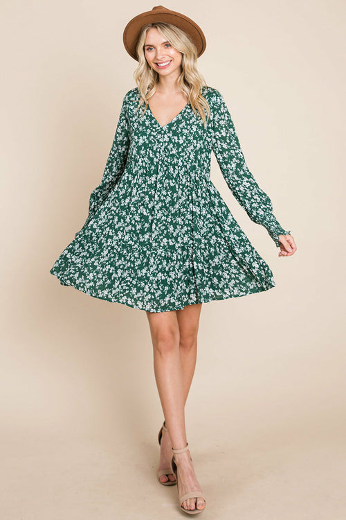 V -Neck Floral Printed Long Sleeve Pleated Dress