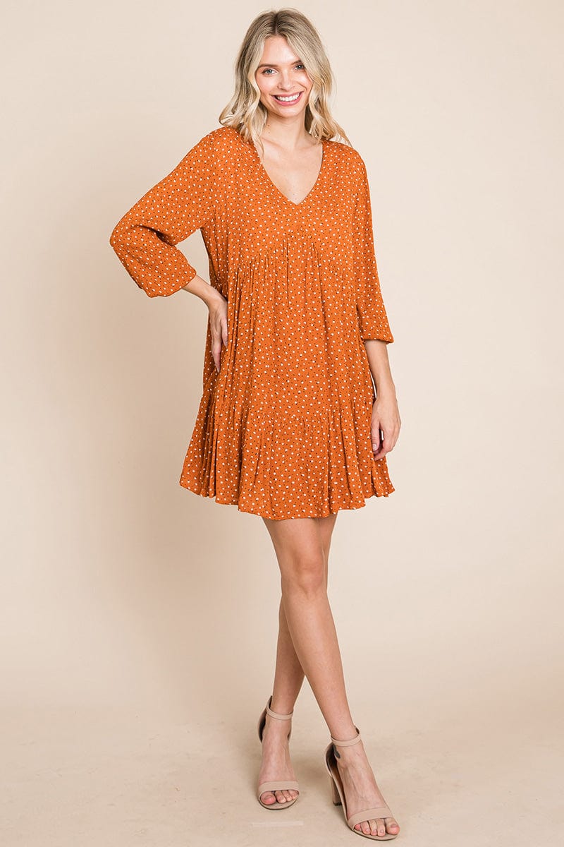 V -Neck Floral Printed Long Sleeve Pleated Dress