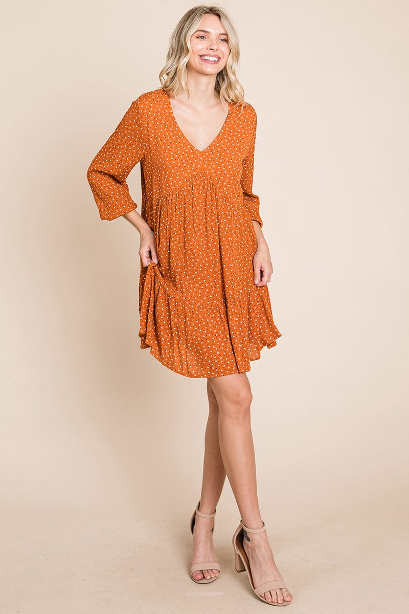 V -Neck Floral Printed Long Sleeve Pleated Dress