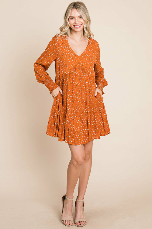 V -Neck Floral Printed Long Sleeve Pleated Dress