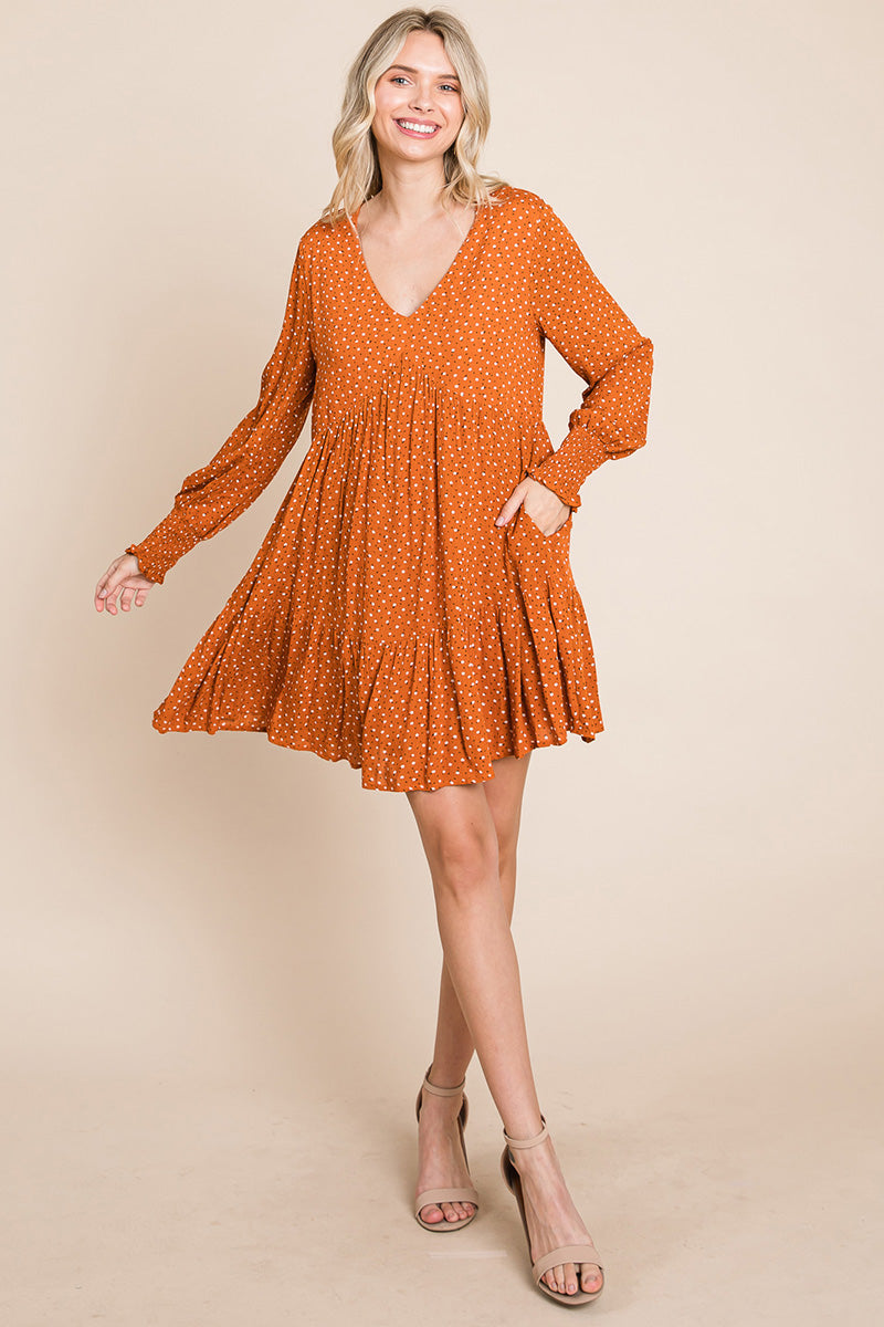 V -Neck Floral Printed Long Sleeve Pleated Dress