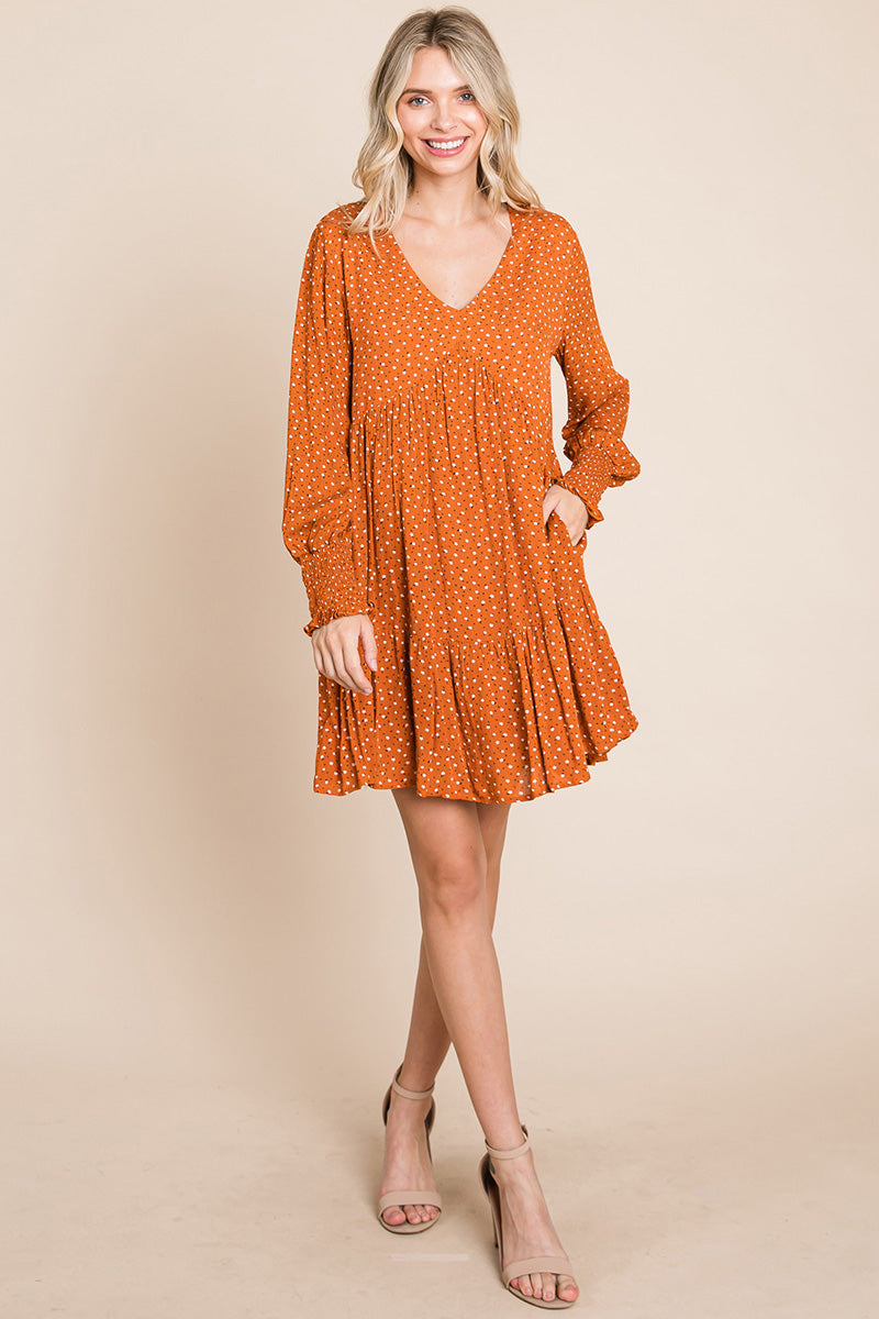 V -Neck Floral Printed Long Sleeve Pleated Dress