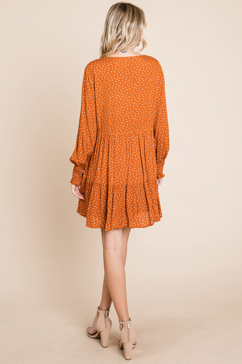 V -Neck Floral Printed Long Sleeve Pleated Dress
