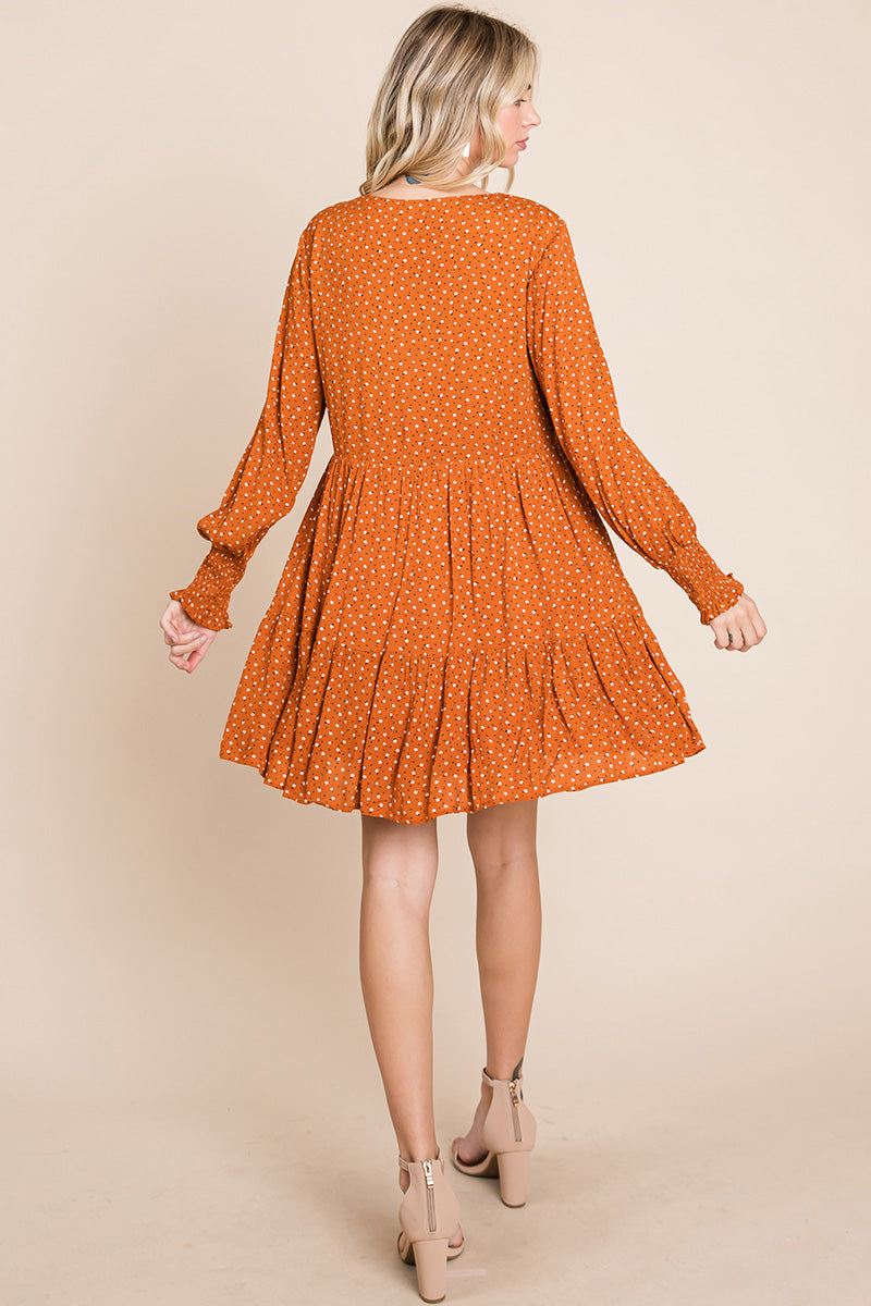 V -Neck Floral Printed Long Sleeve Pleated Dress