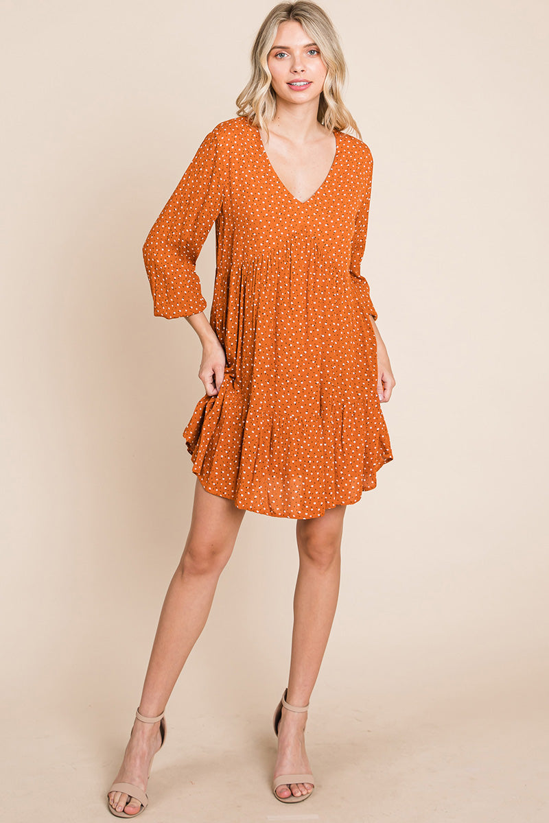 V -Neck Floral Printed Long Sleeve Pleated Dress