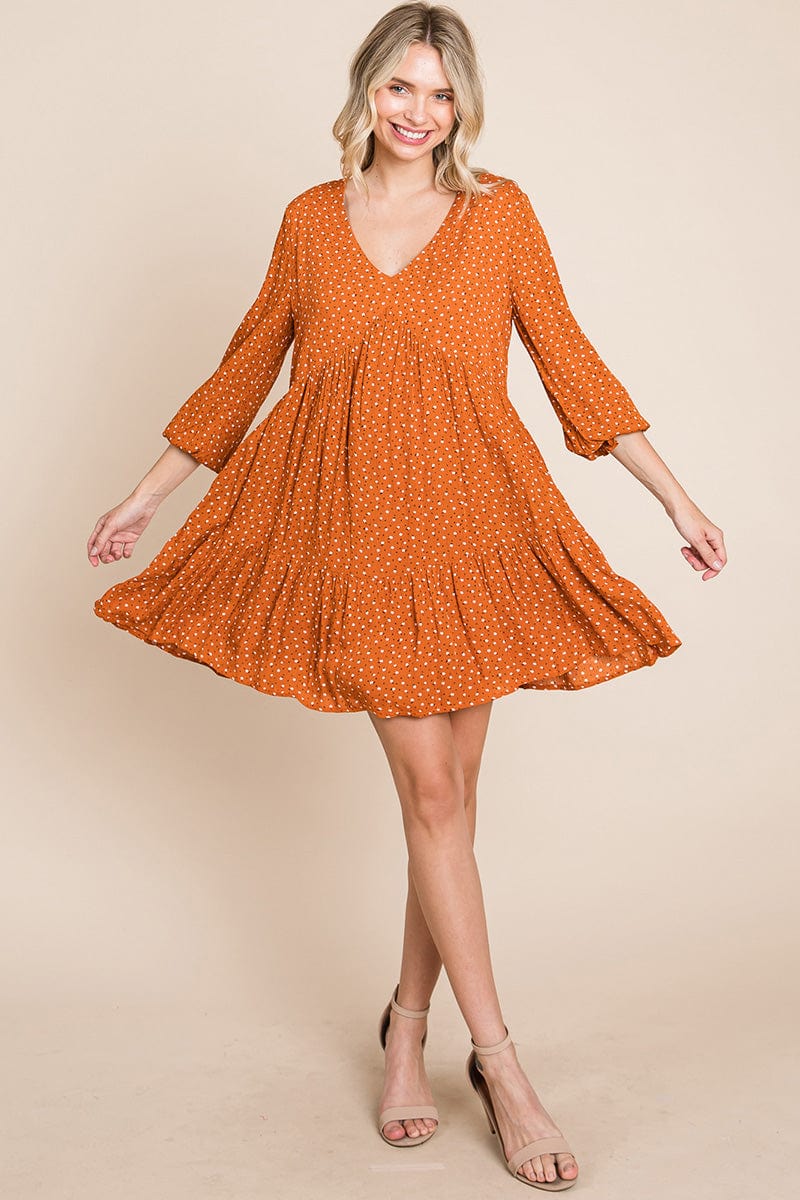 V -Neck Floral Printed Long Sleeve Pleated Dress