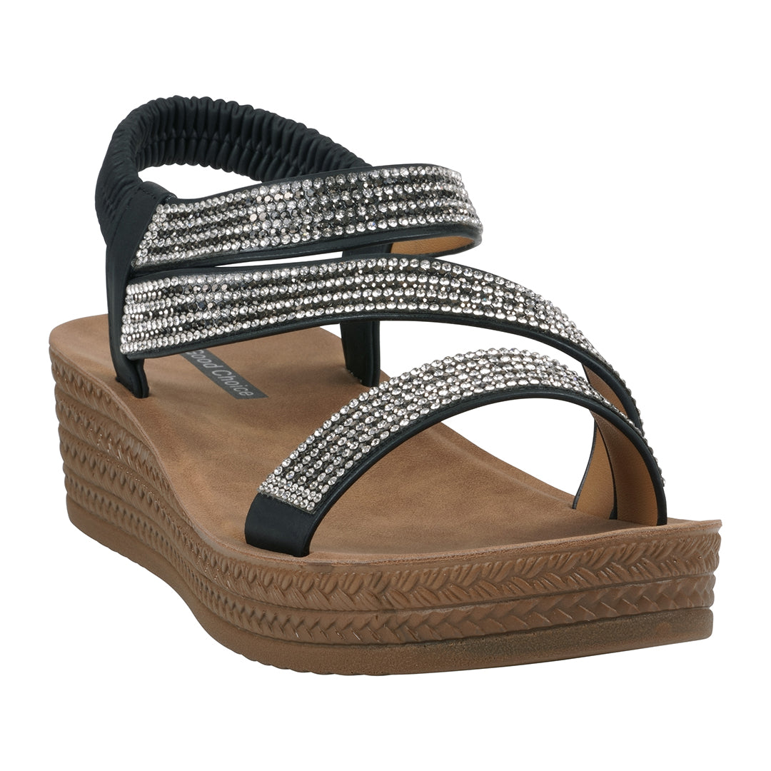 GC Shoes Women's Ruby Black Embellished Cross Strap Wedge Sandals