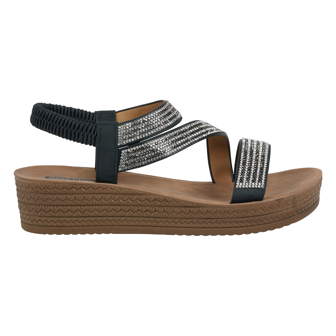 GC Shoes Women's Ruby Black Embellished Cross Strap Wedge Sandals