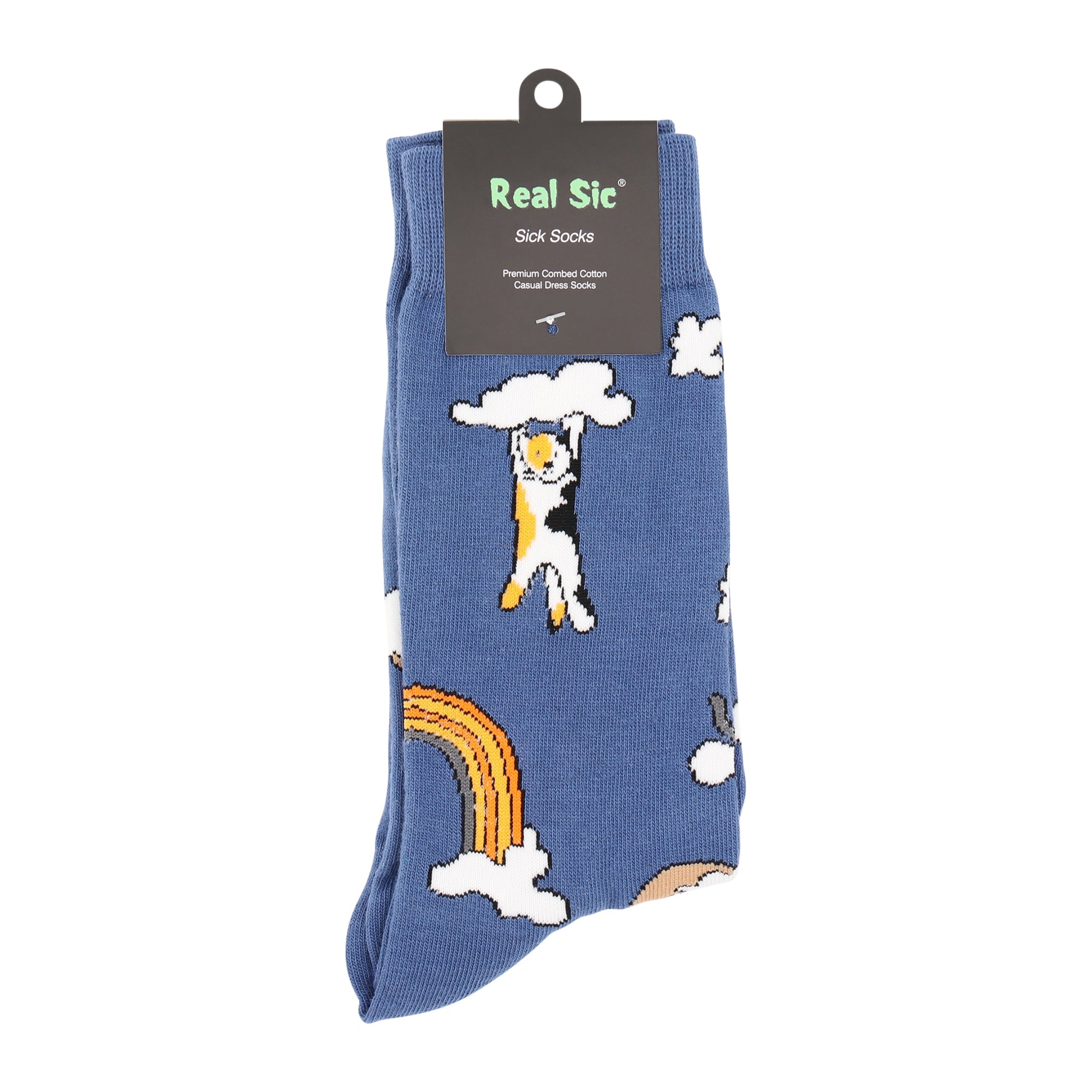 Blue sock with cartoon cow design and 'Real Sic' brand label on a white background