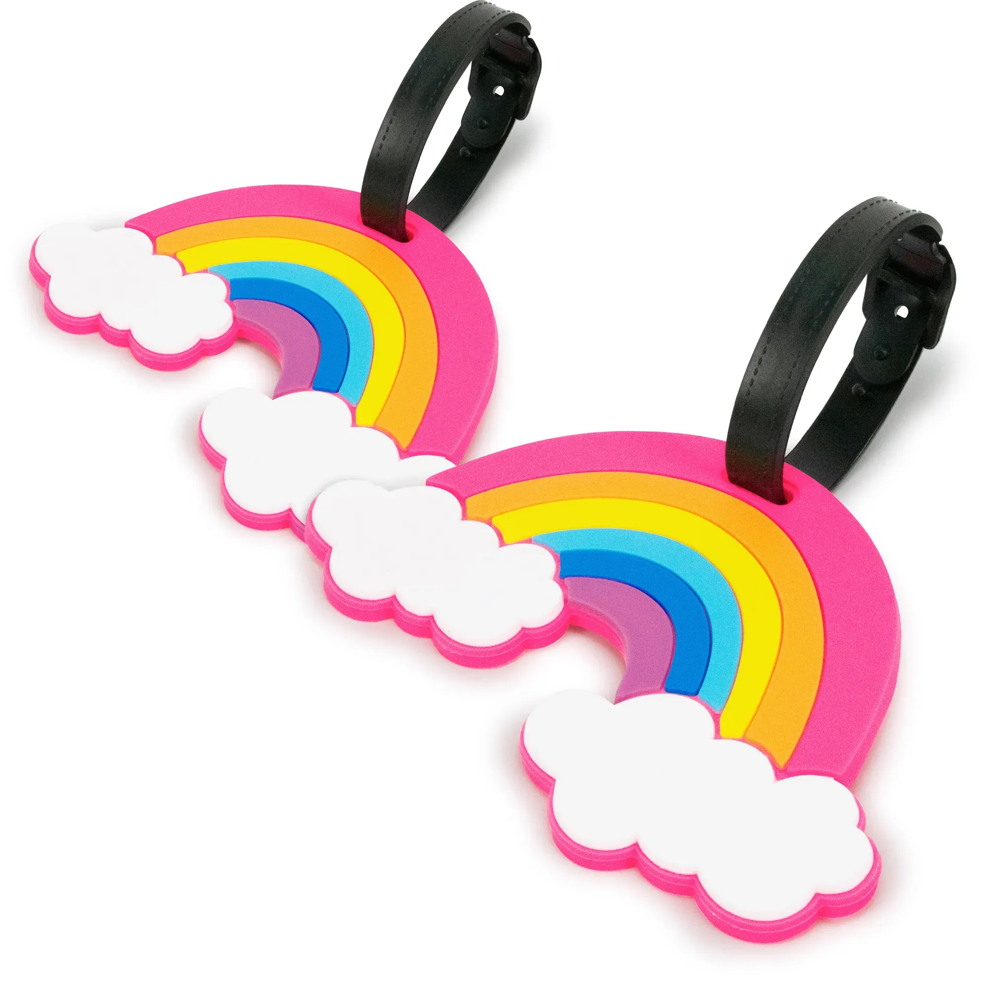Two rainbow-themed luggage tags with clouds on a white background