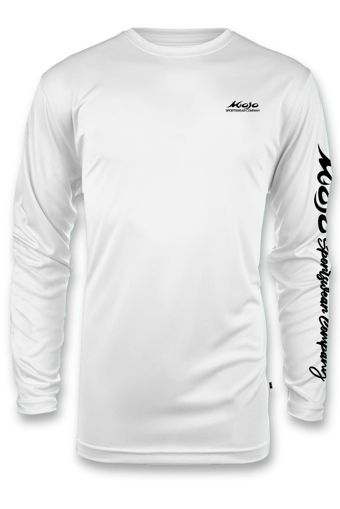 White long-sleeve shirt with black text on a white background