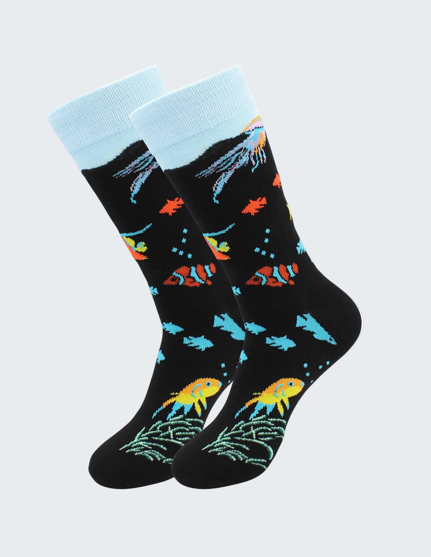 Pair of socks with fish pattern on a white background