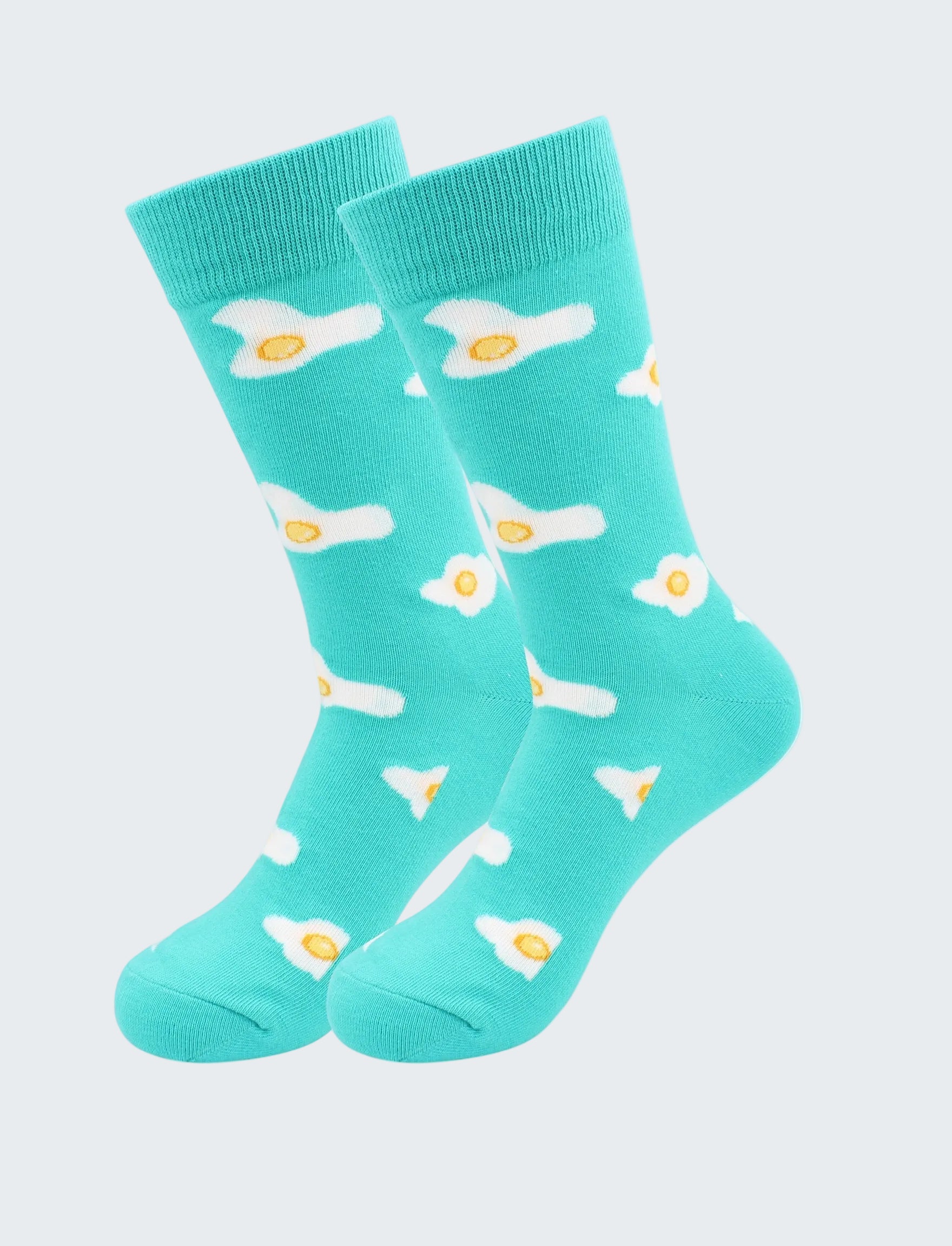 Turquoise socks with fried egg design on a white background