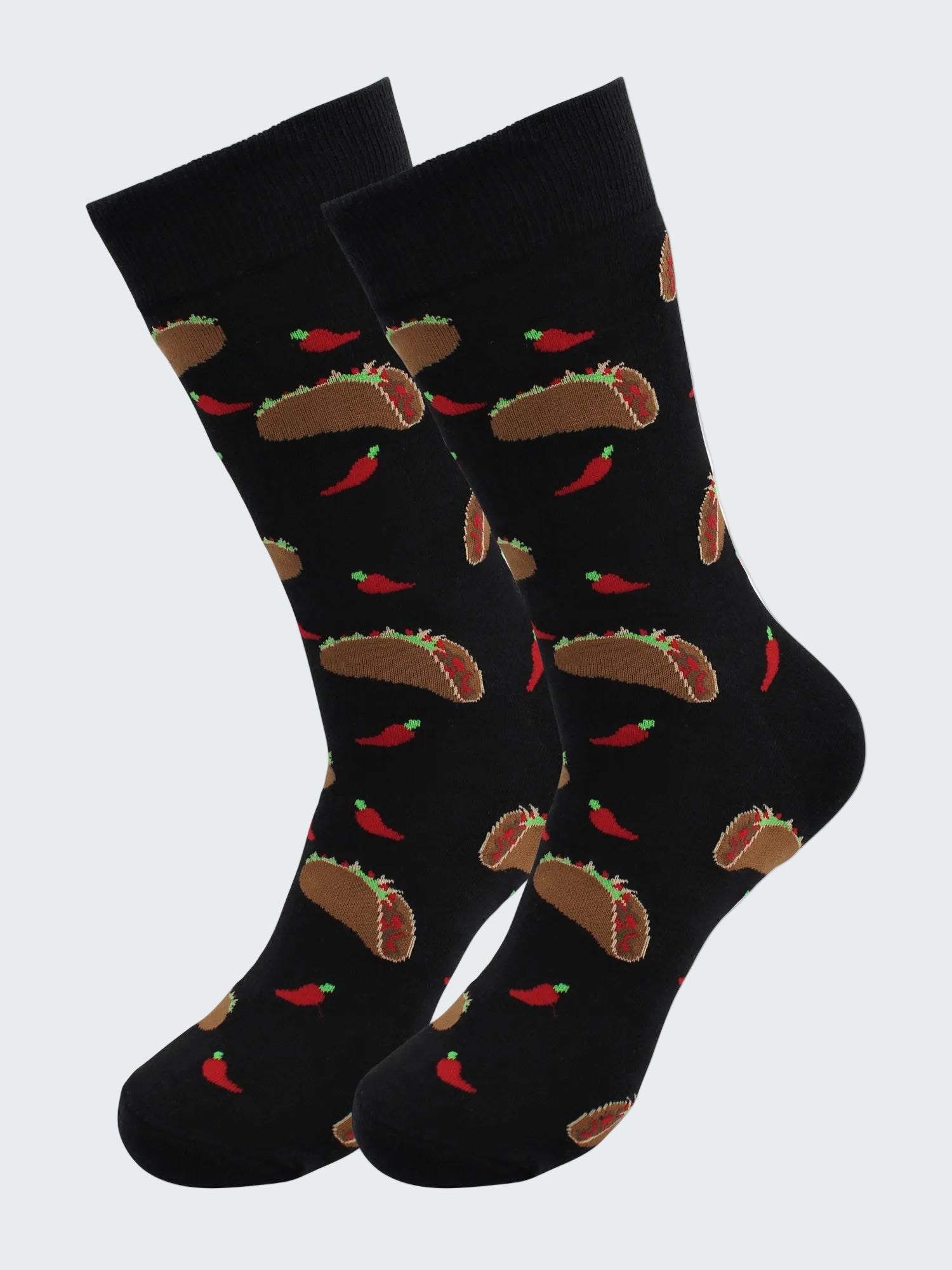 Black socks with taco and chili pepper pattern on a white background