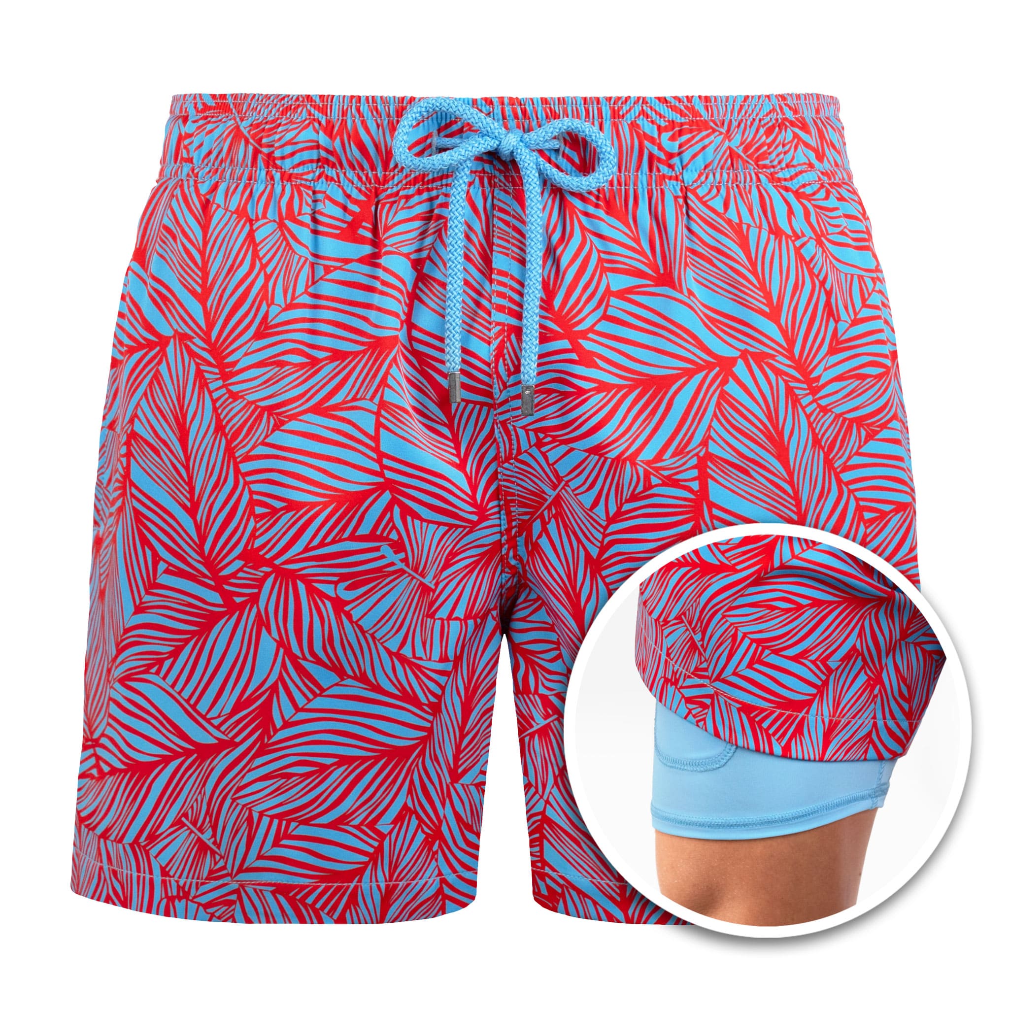 Red and blue patterned swim shorts with a close-up inset showing the inside lining.