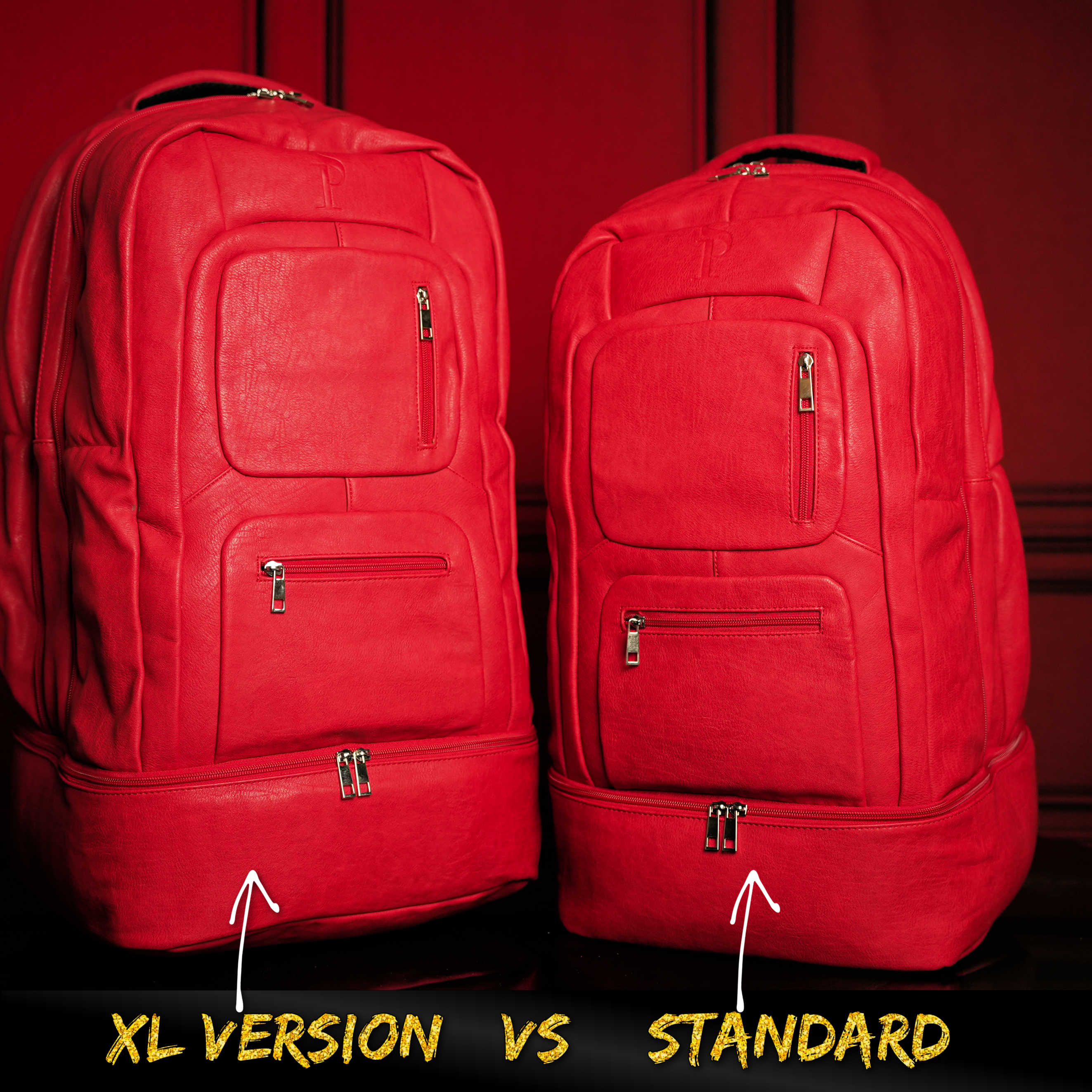 Two red backpacks, one labeled XL Version and the other Standard, on a red background.