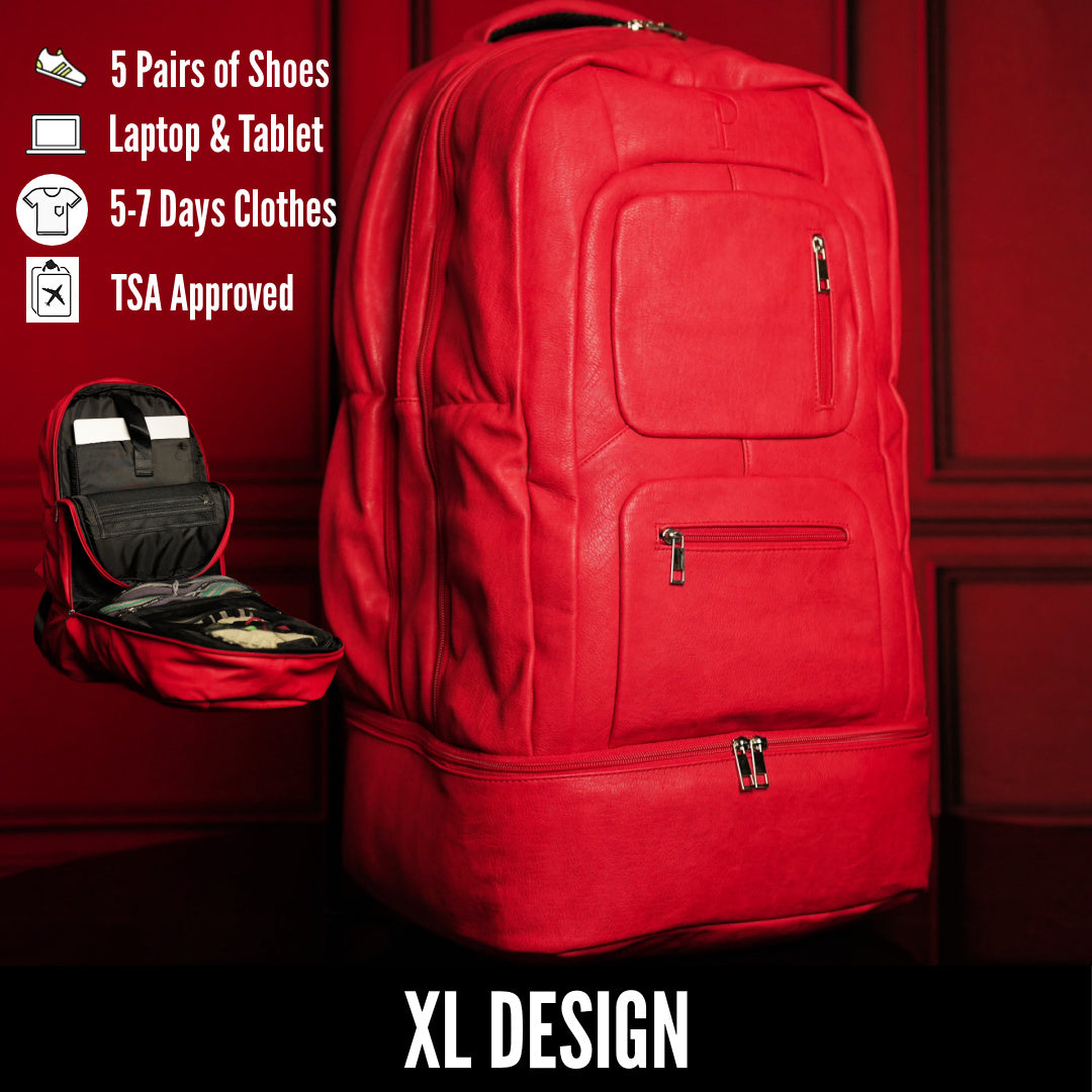 Red backpack with open compartment showing contents on a red background, featuring text about its capacity and features.