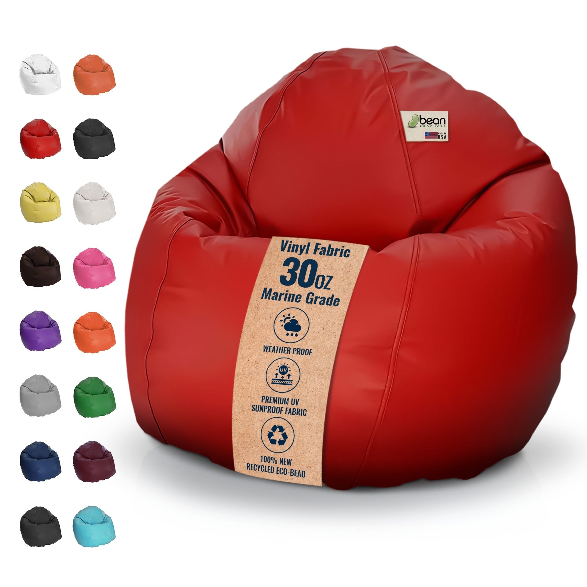 Red bean bag chair with vinyl fabric label on a white background, surrounded by color swatches.