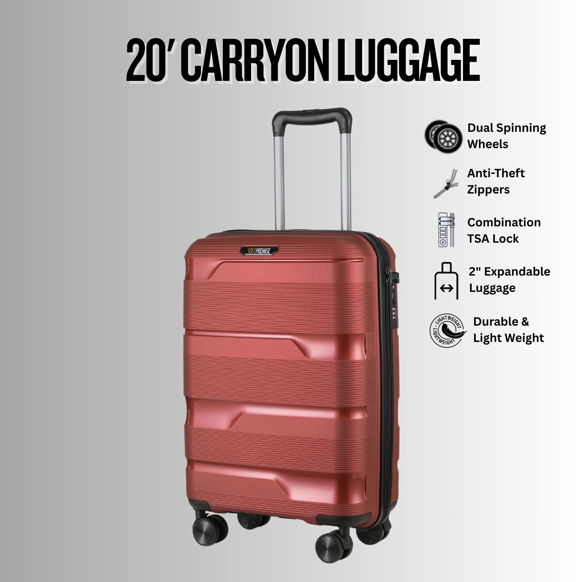 Red suitcase with features listed on a gray background