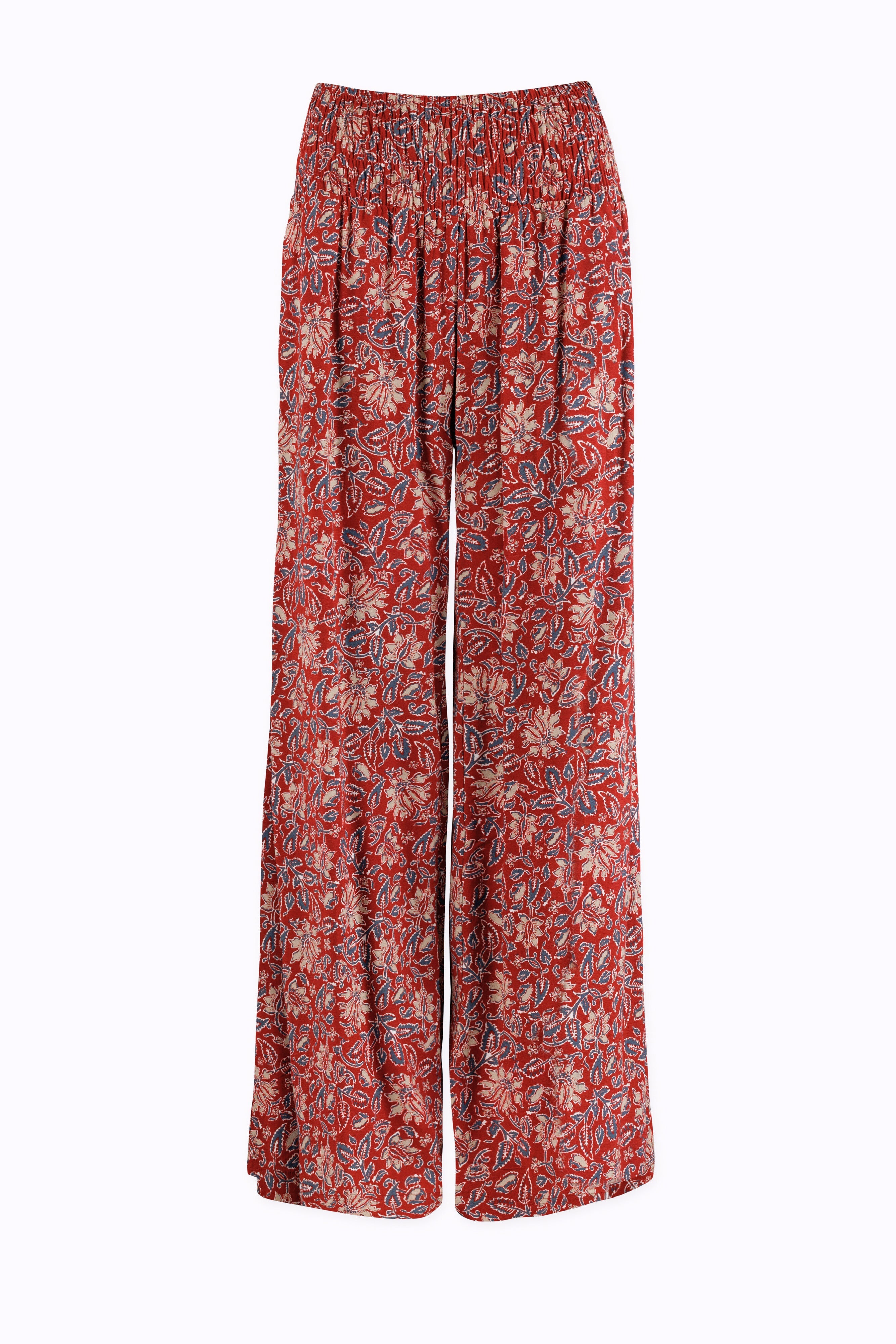 Red patterned pants on a white background