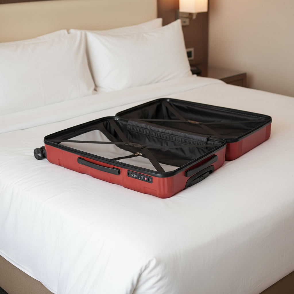Open red suitcase on a white background