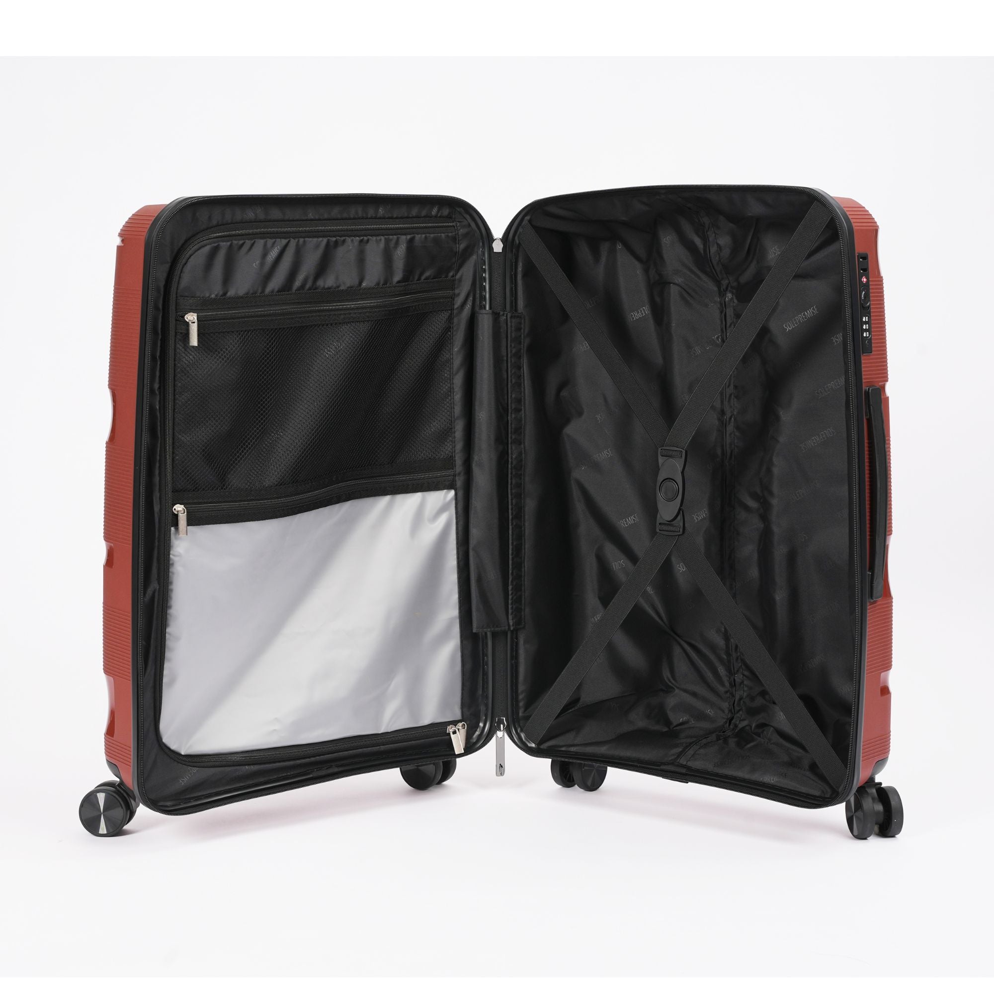 Open red suitcase on a white background
