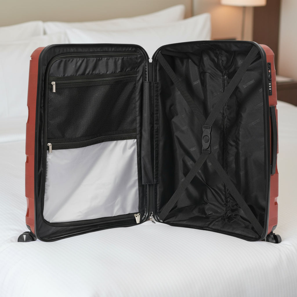 Open red suitcase with black interior on a light gray background