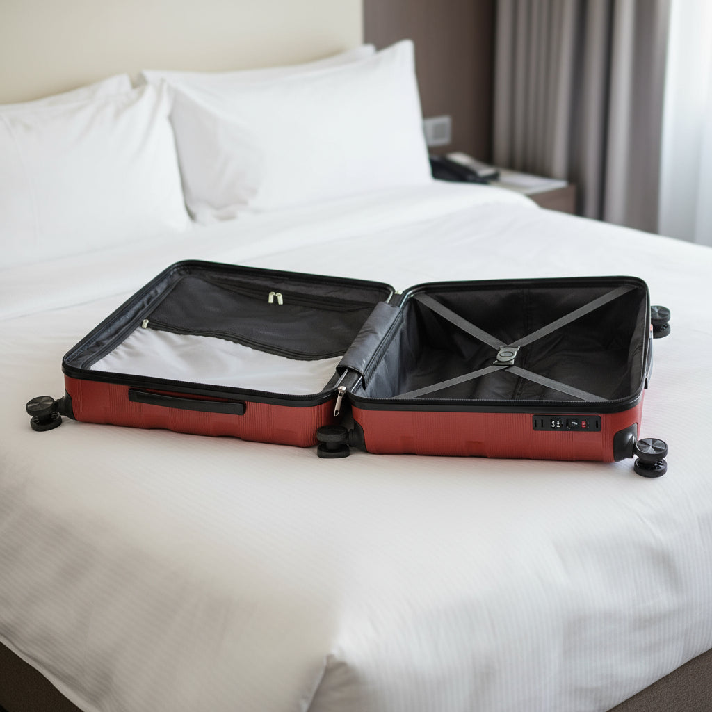 Open red suitcase with black interior on a light gray background