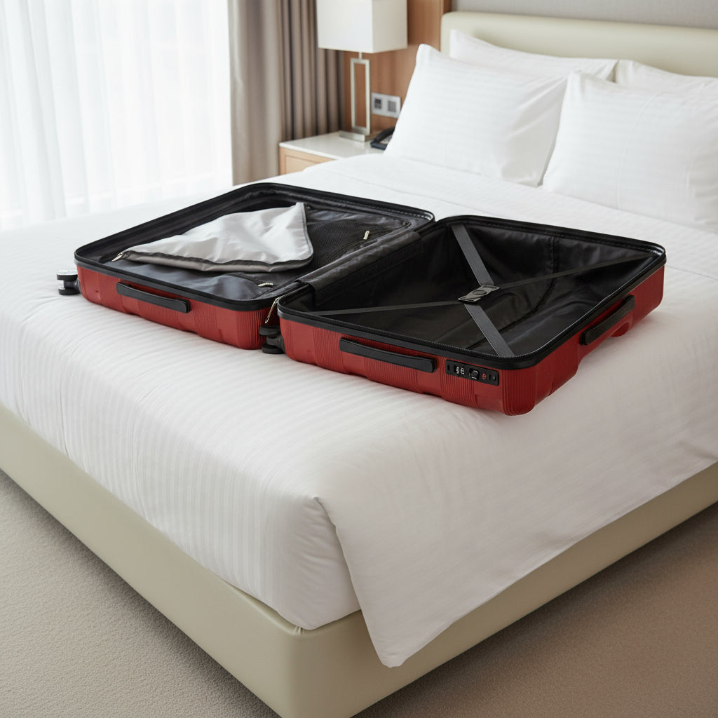 Open red suitcase with black interior on a light gray background