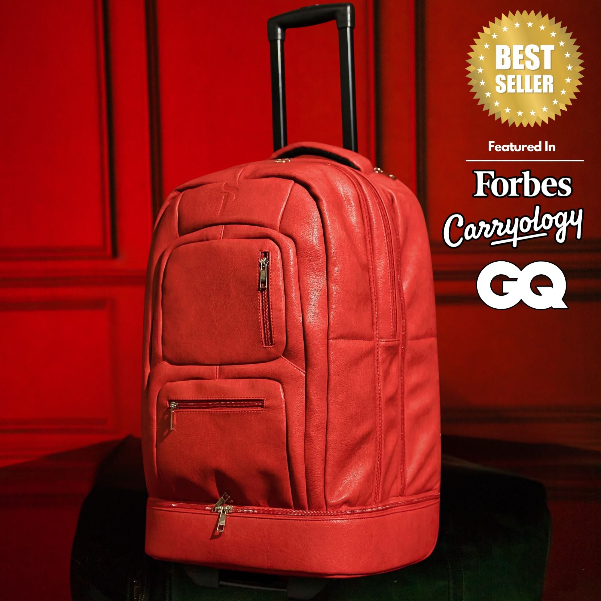 Red leather suitcase with 'Best Seller' badge and magazine logos on a red background