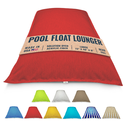 Red pool float lounger with label and color options displayed below on a white background