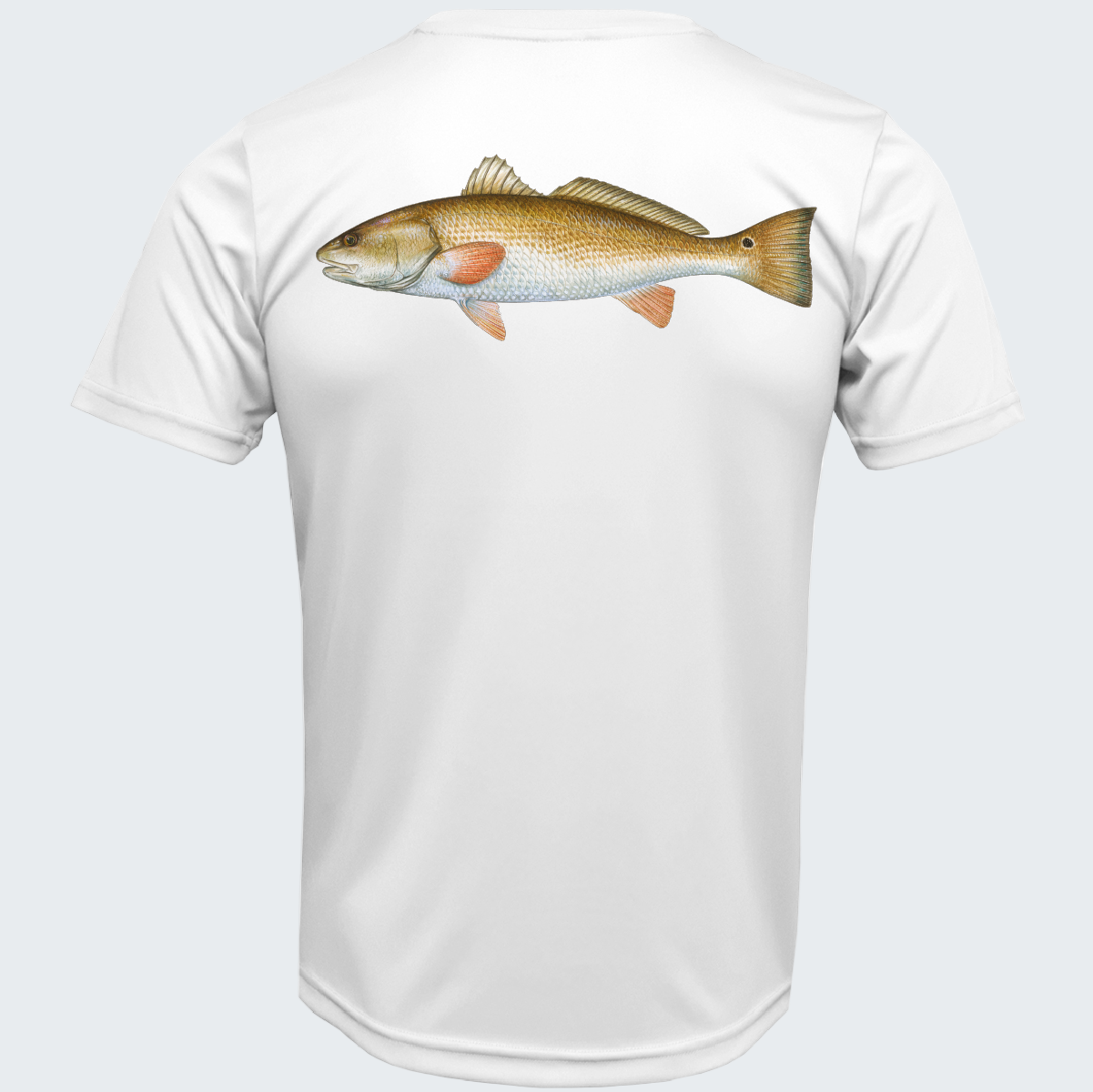 White t-shirt with a fish design on a white background
