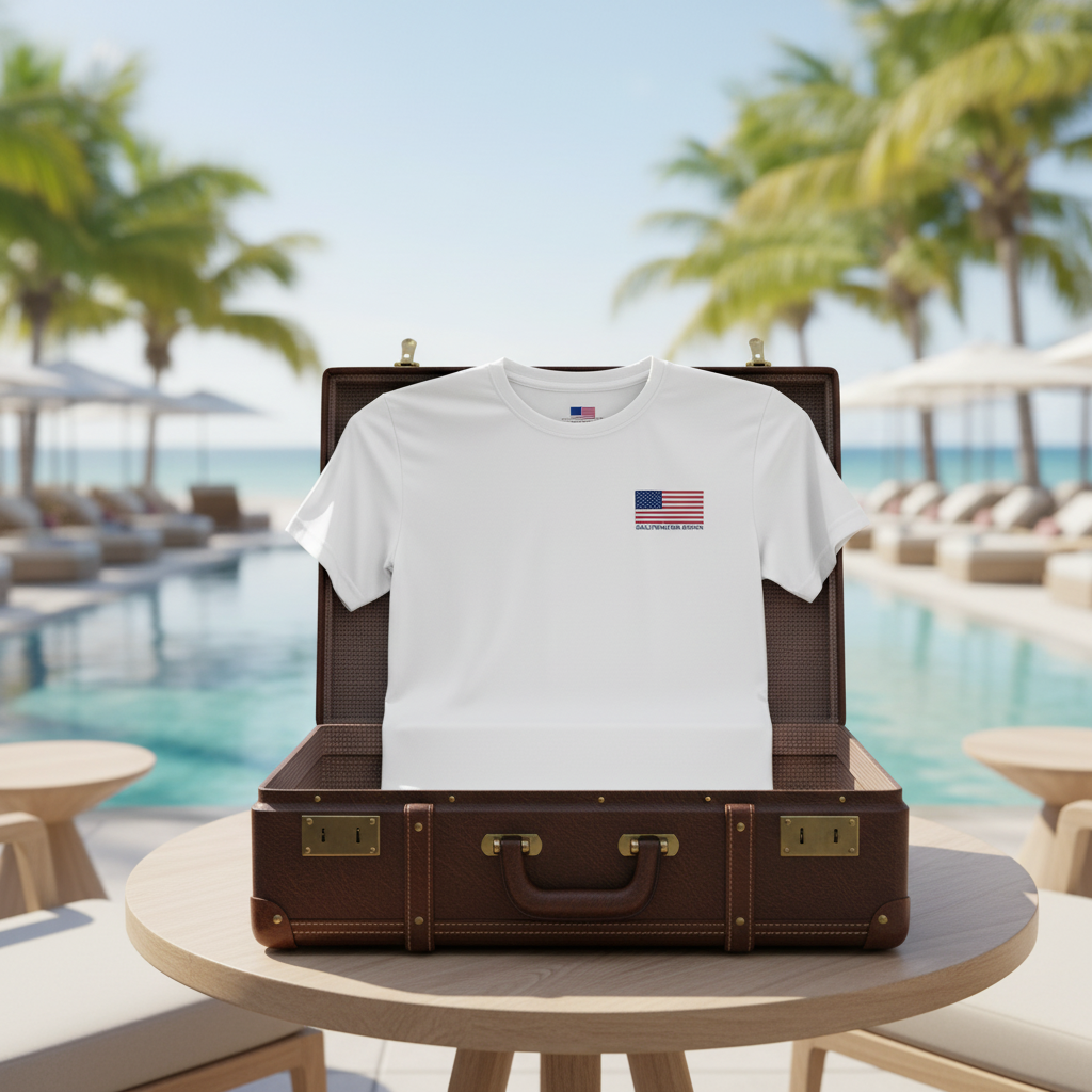 White t-shirt with American flag and 'Saltwater Born' text on a white background