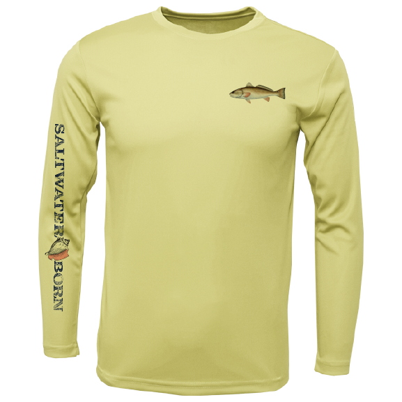 Yellow long-sleeve shirt with fish graphics and 'Saltwater Born' text on a white background