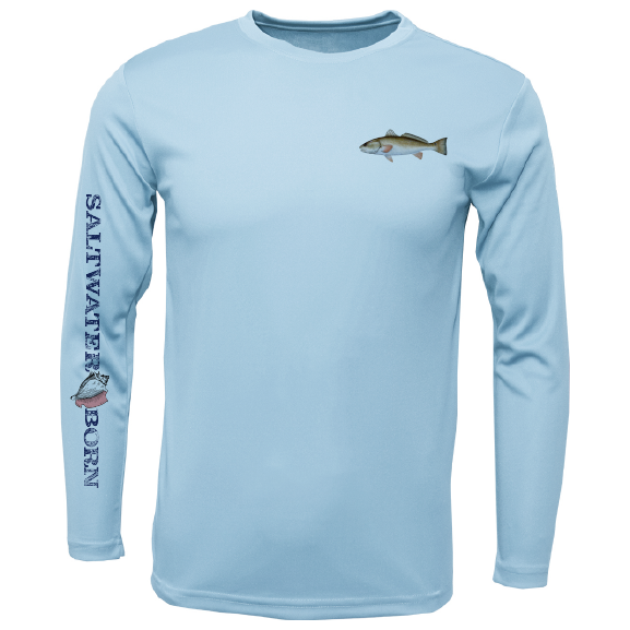 Light blue long-sleeve shirt with fish graphics and 'Saltwater Born' text on a white background