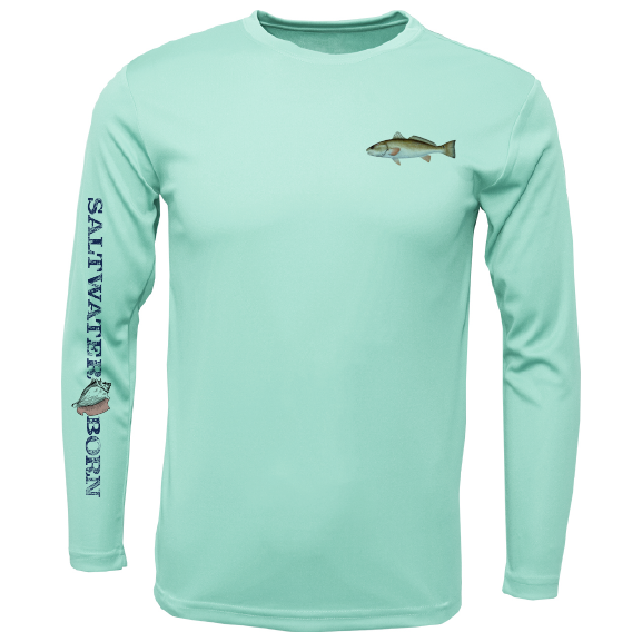 Mint green long-sleeve shirt with fish graphics and 'Saltwater Born' text on a white background