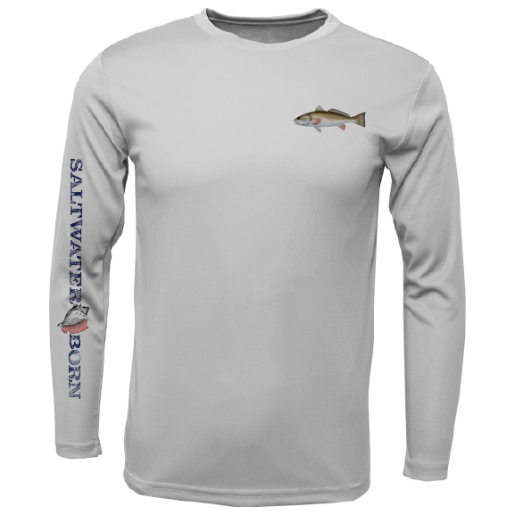 Gray long-sleeve shirt with fish graphics and 'Saltwater Born' text on a white background