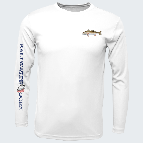 White long-sleeve shirt with fish graphics and 'Saltwater Born' text on a white background