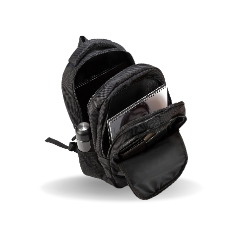 Black backpack with multiple compartments on a white background