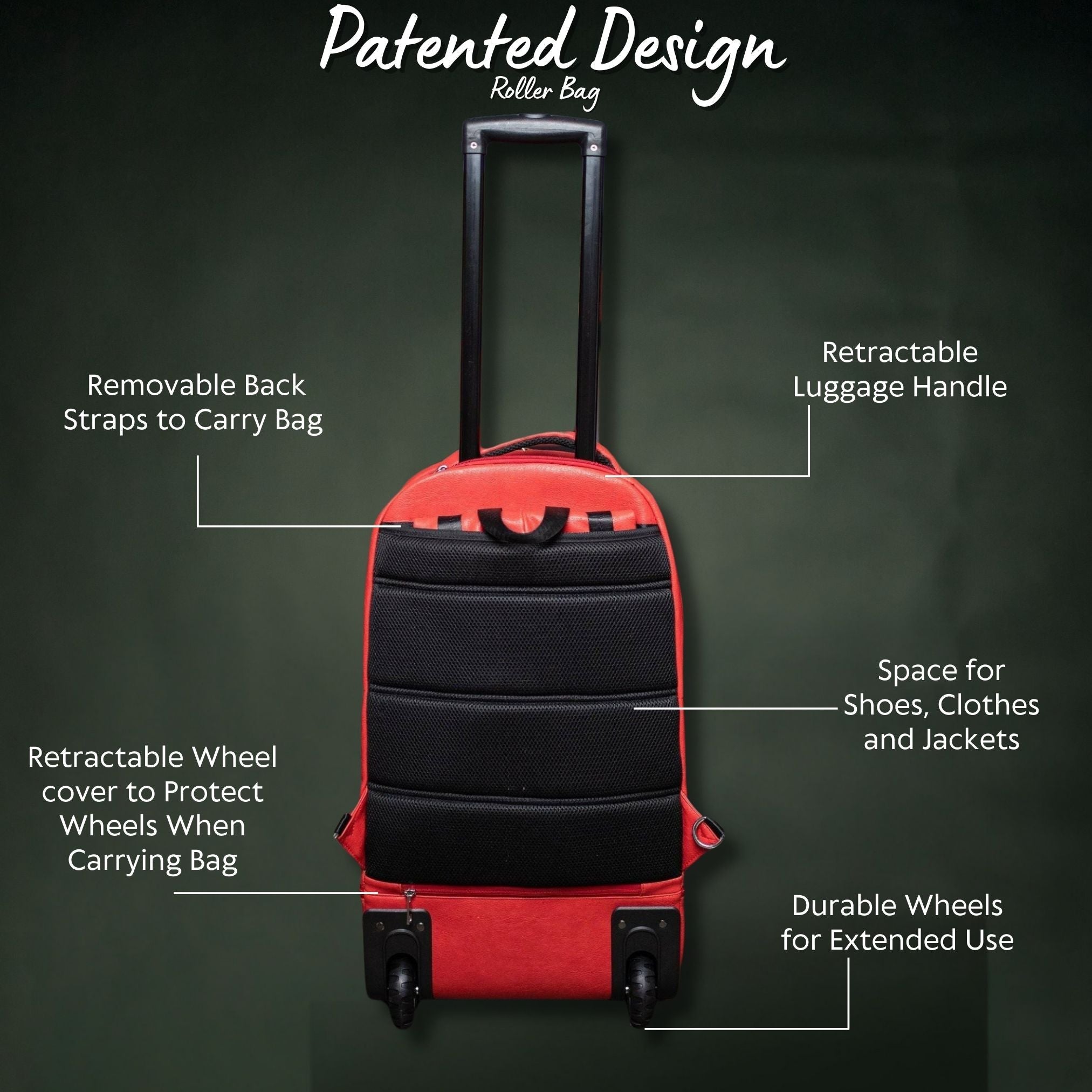 Red and black suitcase with features labeled on a dark background