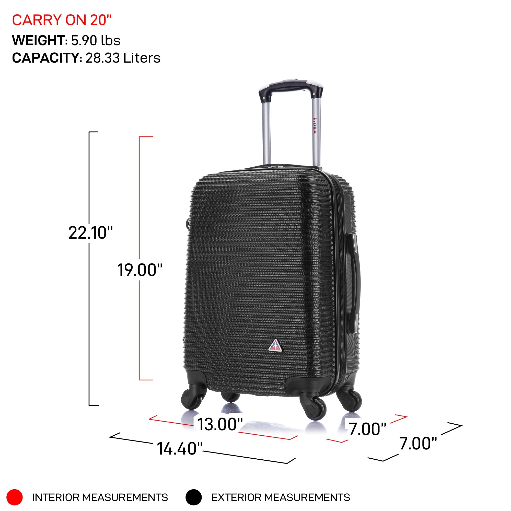 Black suitcase with measurements on a white background